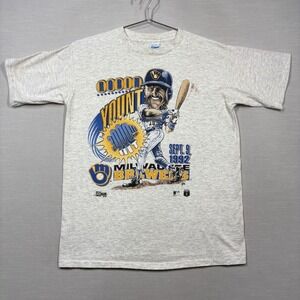 Vintage Robin Yount Milwaukee Brewers Caricature Shirt Men Large Gray 3000th Hit